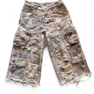 Camouflage Cargo Shorts with Distressed Details